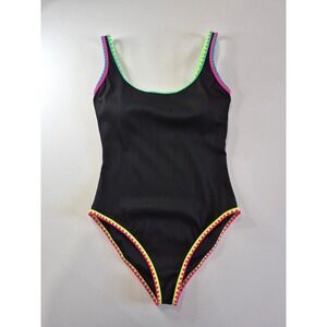 Popvil Women Black Ribbed One Piece Swimsuit Neon Scallop Trim NWT Size Large